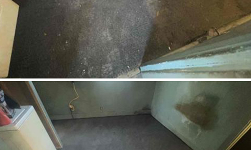 Before and after photo of residential carpet cleaning in basement