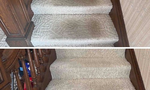 Before and after photo of residential carpet cleaning on carpeted stairs