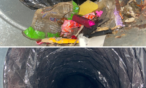 Before and after photo of residential dryer vent cleaning