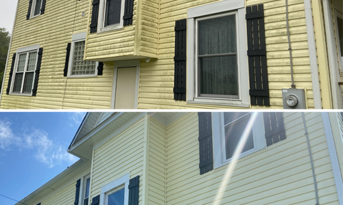 Before and after photo of house siding after washing