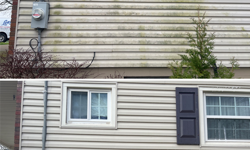 Before and after photo of house siding after washing