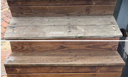 Before and after photo of wooden deck stairs after washing