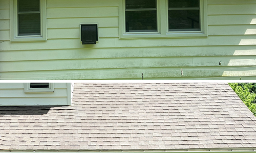 Before and after photo of house siding and roof after washing