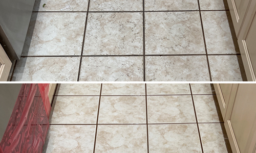 Before and after photo of kitchen tile cleaning
