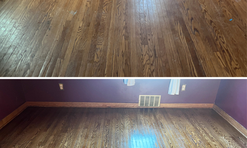 Before and after photo of residential hardwood floor