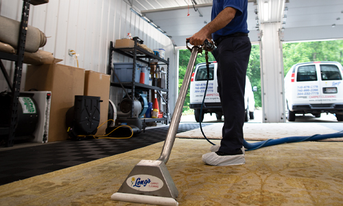 Steam cleaning a rug for a commercial client